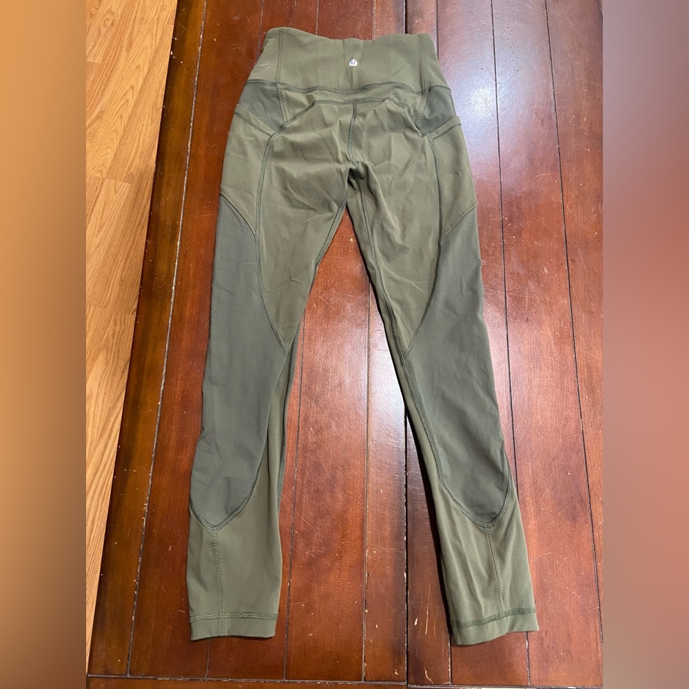 LULULEMON BARRE STAR TIGHT PANTS SIZE 4 OLIVE FATIGUE GREEN PERFORATED MESH